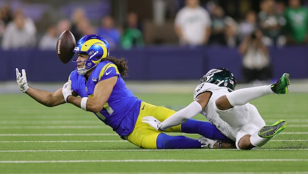 Los Angeles Rams wide receiver Puka Nacua, left, cannot catch a pass against Philadelphia Eagles cornerback Darius Slay Jr. during the first half of an NFL football game in Inglewood, Calif., Sunday, Nov. 24, 2024. (AP Photo/Ryan Sun)