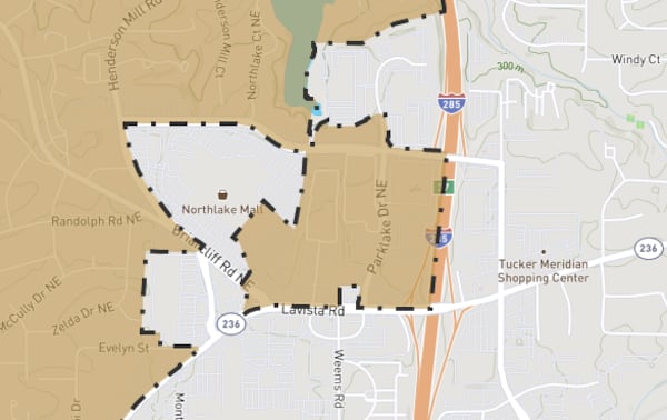 Tucker is asking state leaders to allow the city to annex the area of unincorporated DeKalb that is colored orange on this map. The area is nearly surrounded by Tucker's current city limits.