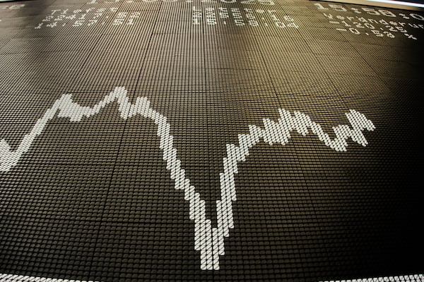 The German stock index DAX is pictured at the stock market in Frankfurt, Germany, Thursday, March 13, 2025. (AP Photo/Michael Probst)