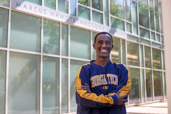 Georgia Institute of Technology graduate Biya Haile poses for a photo outside of the Marcus Nanotechnology Building on the university’s main campus in Atlanta, Thursday, May 13, 2021. Haile will graduate with a degree in mechanical engineering. (Alyssa Pointer / Alyssa.Pointer@ajc.com)