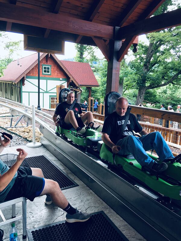 Jeff Matthews Sr. and Jeff Matthews Jr. prepare to take a trip on the Georgia Mountain Coaster near Helen, Georgia. Photo courtesy of Lori Matthews