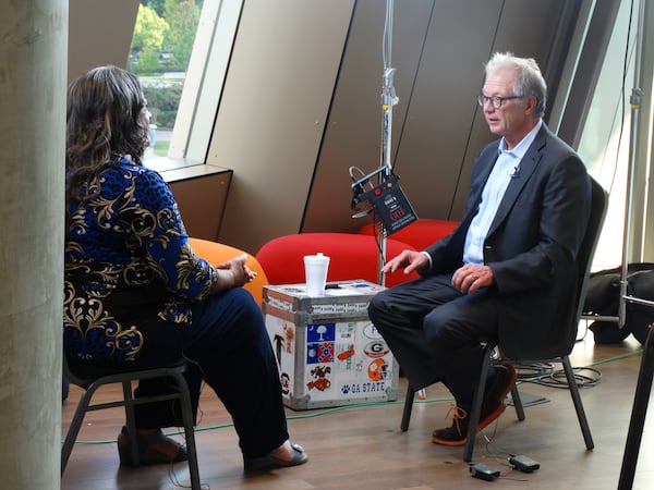 Jeff Perry, at the Center for Civil & Human Rights Sept. 12, 2015, talking to WSB-TV's Jocelyn Dorsey about "A Steady Rain" and "Scandal." CREDIT: Rodney Ho/rho@ajc.com