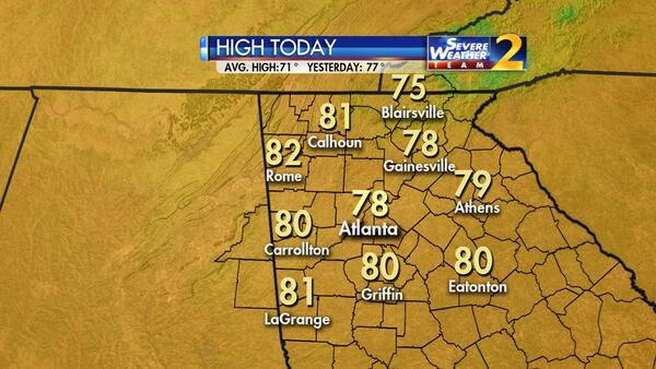 Atlanta’s high is expected to be 78 degrees Monday. (Credit: Channel 2 Action News)