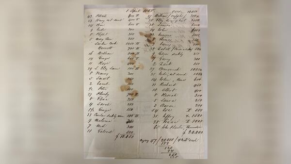 A tax record from April 1, 1858 showing names and value of enslaved people who were owned by Barrington King, son of Roswell founder Roswell King. Photo credit: Adrianne Murchison