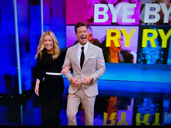 Ryan Seacrest (right ) entering the final day of his six years on "Live with Kelly and Ryan" on ABC Friday April 14, 2023. ABC