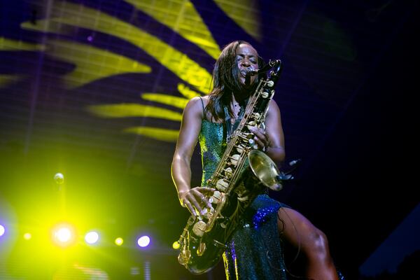 Saxophonist Jazmin Ghent plays a solo.. The Stockbridge Amphitheater was host to the Karen Briggs Contempo Orchestra on Saturday, July 6, 2024. (Ben Hendren for the Atlanta Journal-Constitution)