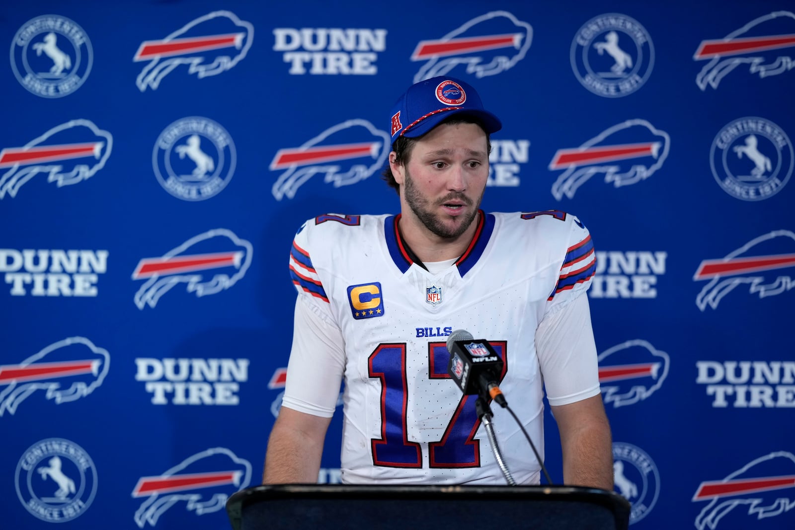 Buffalo Bills quarterback Josh Allen speaks during a news conference after an NFL football game against the Houston Texans, Sunday, Oct. 6, 2024, in Houston. The Texans won 23-20. (AP Photo/Eric Gay)