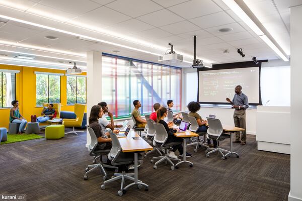 One of the Howard West Campus multi-modal classrooms, designed by Atlanta-based architecture firm, Kurani. The campus is at Google headquarters in Mountain View, California.