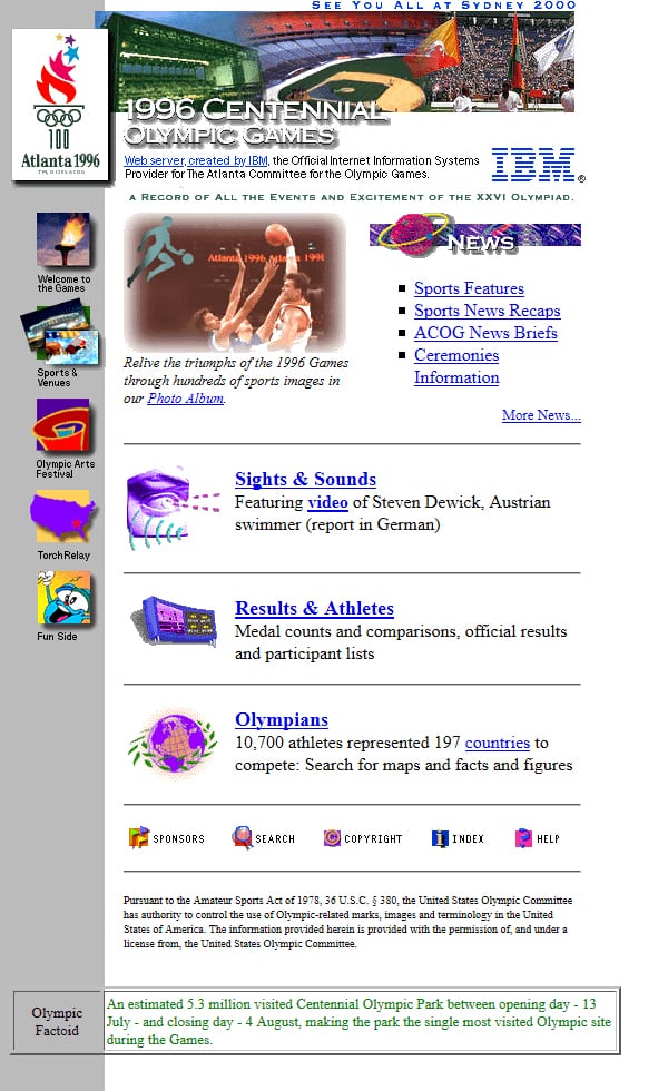 The 1996 Olympic Summer Games in Atlanta marked the first time that the Games had an official website. In July of 1996, only about 22% of the U.S. population was online, according to a Pew Research Center survey at the time, and bandwidths were very limited by today's standards. (IBM / webdesignmuseum.org)