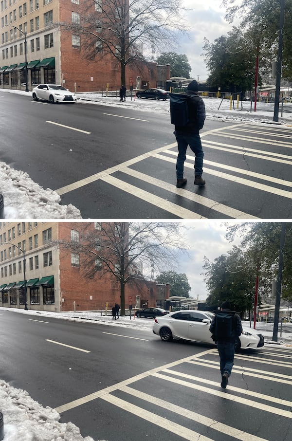 On a recent Saturday, downtown Atlanta resident Jim Hackler attempted to cross Ted Turner Drive at Williams Street, next to Ted's Montana Grill. Drivers whizzed by and did not stop for him or other pedestrians. (Michael Scaturro/AJC)