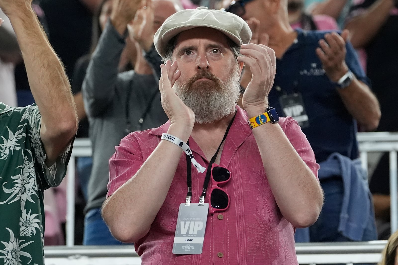 Actor Brendan Hunt watches the first half of an MLS playoff soccer match between Inter Miami and Atlanta United, Friday, Oct. 25, 2024, in Fort Lauderdale, Fla. (AP Photo/Lynne Sladky)