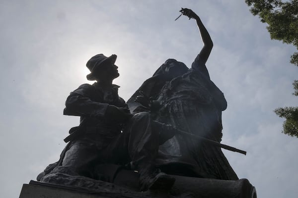 JULY 12, 2018 — The Peace Monument, which depicts an angel halting the firing of a Confederate soldier’s gun, is located at the 14th Street and Piedmont Avenue entrance of Piedmont Park in Atlanta. (ALYSSA POINTER/ALYSSA.POINTER@AJC.COM)