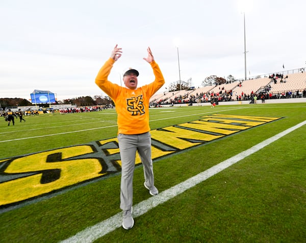 Kennesaw State head coach Brian Bohannon reacts to his 48-21 win over Davidson during a first-round FCS playoff game Saturday, Nov. 27, 2021 at Fifth Third Bank Stadium. (Daniel Varnado/ For the Atlanta Journal-Constitution)