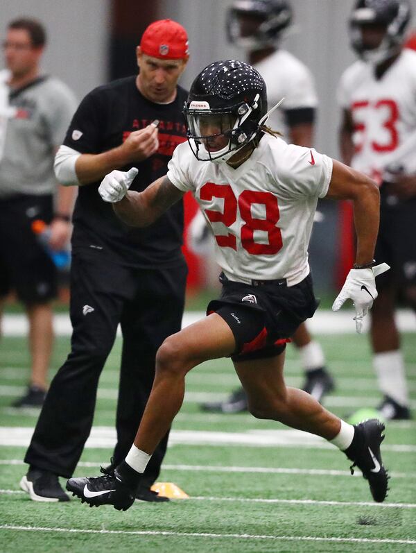 Atlanta Falcons cornerback Jordan Miller runs a drill during rookie minicamp on Saturday, May 11, 2019, in Flowery Branch.  Curtis Compton/ccompton@ajc.com