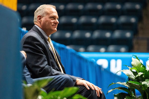 West Virginia coach Rich Rodriguez looks on during an introductory NCAA college football news conference Friday, Dec. 13, 2024, in Morgantown, W.Va. (Benjamin Powell/The Dominion-Post via AP)