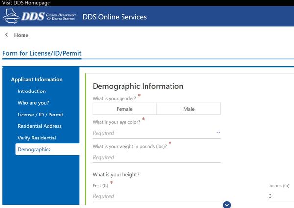 The Georgia Department of Driver Services' online application form.