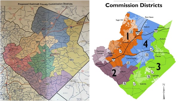 On the left, the six Gwinnett commission districts proposed under State. Rep. Pedro Marin's new bill. On the right, a map of the county's four current commission districts.