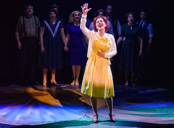 Kelli Dodd (in foreground) leads the cast of the bluegrass musical “Bright Star,” continuing through May 8 at Legacy Theatre in Tyrone.