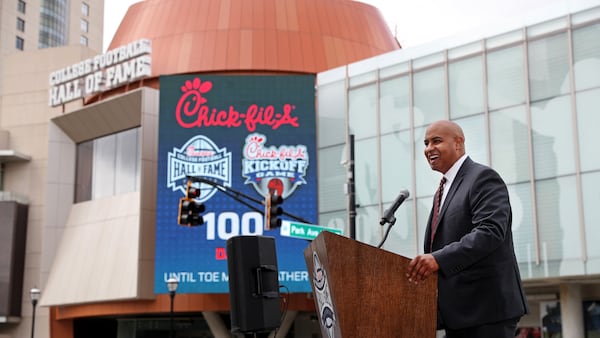 City of Atlanta COO Richard Cox speaks during the sign unveiling ceremony for the Chick-fil-A College Football Hall of Fame Thursday, May 24, 2018, in Atlanta.