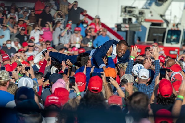 10/16/2020 -Macon, Georgia - Georgia Rep. Vernon Jones crowd surfs during a President Donald Trump rally at Middle Georgia Regional Airport in Macon, Friday, October 16, 2020.  (Alyssa Pointer / Alyssa.Pointer@ajc.com)