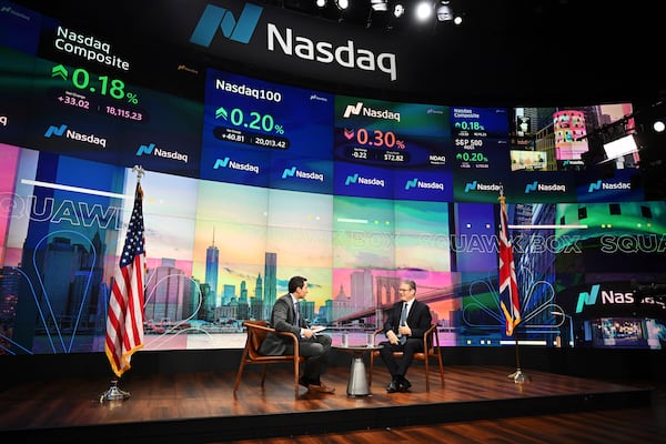 FILE - Britain Prime Minister Keir Starmer is interviewed by Andrew Ross Sorkin during CNBC "Squawk Box" financial program on Sept. 26, 2024 in New York, (Leon Neal/Pool Photo via AP, File)