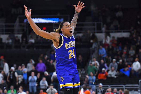 McNeese State forward Christian Shumate (24) celebrates during the second half against Clemson in the first round of the NCAA college basketball tournament, Thursday, March 20, 2025, in Providence, R.I. (AP Photo/Steven Senne)