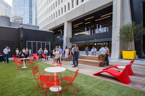 The new plaza at Midtown's Colony Square at the corner of Peachtree and 14th streets. (Jenni Girtman for the Atlanta Journal-Constitution)