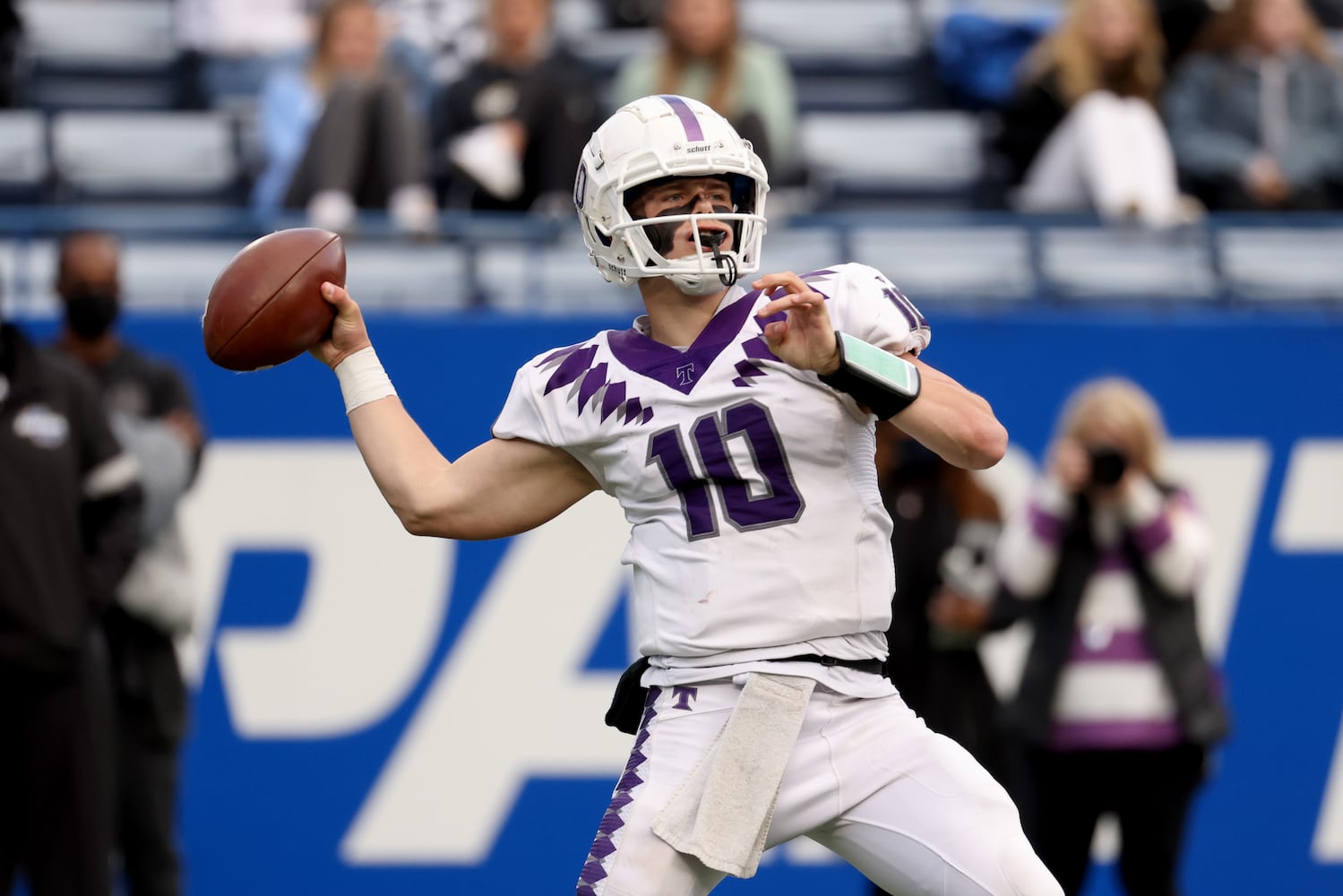 Trinity Christian quarterback David Dallas (10) attempts a pass in the first half against Prince Avenue Christian during the Class 1A Private championship at Center Parc Stadium Monday, December 28, 2020 in Atlanta, Ga.. JASON GETZ FOR THE ATLANTA JOURNAL-CONSTITUTION