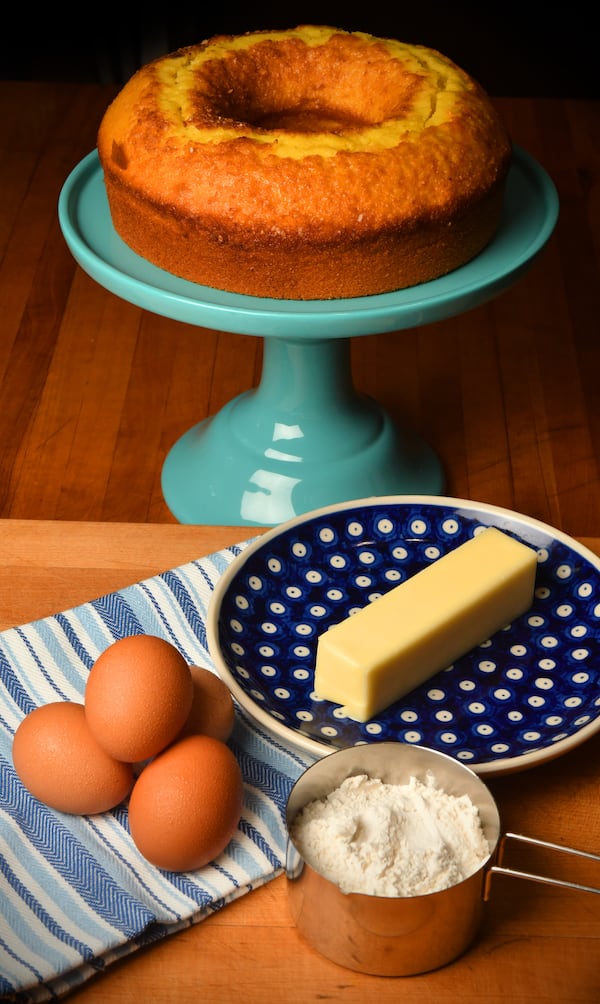 A classic pound cake uses a pound each of eggs, butter, sugar and flour. 
(Styling by Jennifer Hill Booker / Chris Hunt for The Atlanta Journal-Constitution) 