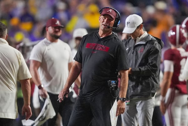 Alabama head coach Kalen DeBoer reacts on the sideline in the first half an NCAA college football game against LSU in Baton Rouge, La., Saturday, Nov. 9, 2024. (AP Photo/Gerald Herbert)