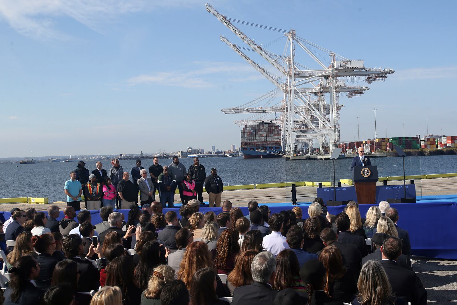 President Joe Biden speaks during an event about his Investing in America agenda, Tuesday, Oct. 29, 2024, at the Dundalk Marine Terminal in Baltimore. (AP Photo/Daniel Kucin Jr.)