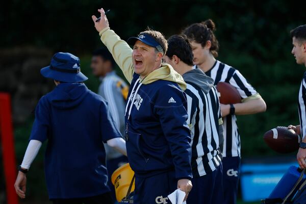 Georgia Tech offensive coordinator Buster Faulkner shouts instructions during the Spring Practice session at Alexander Rose Bowl field on Monday, March 13, 2023.
Miguel Martinez /miguel.martinezjimenez@ajc.com
