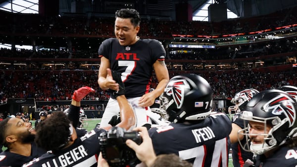 Falcons kicker Younghoe Koo is being carried on teammates' shoulders after making the winning field goal overtime against the Panthers in Atlanta. The falcons defeated the Carolina Panthers 37-34.
 Miguel Martinez / miguel.martinezjimenez@ajc.com