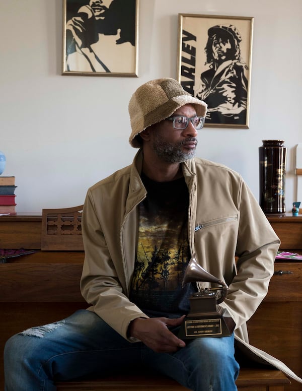 Rumal Rackley, the son of the musician, activist, author, and poet Gil Scott-Heron poses for a portrait at his mothers home in Tyrone, Georgia Wednesday, Jan. 7, 2024. (Daniel Varnado/For the AJC)