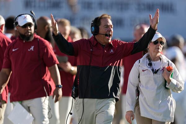 Alabama head coach Nick Saban argues a call during the first half in the Rose Bowl CFP NCAA semifinal college football game against Michigan, Monday, Jan. 1, 2024, in Pasadena, Calif. (AP Photo/Mark J. Terrill)