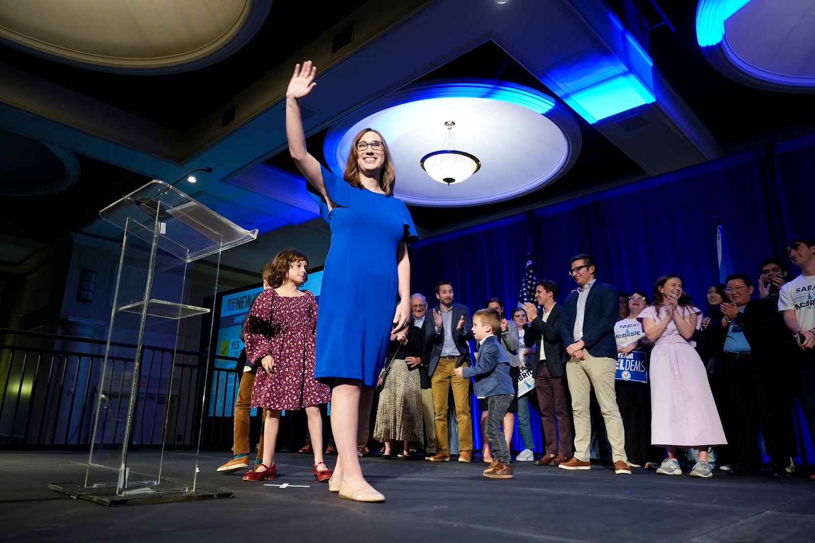 Sarah McBride, Democratic candidate for Delaware's at-large congressional district, waves at supporters during an election night watch party Tuesday, Nov. 5, 2024, in Wilmington, Del. (AP Photo/Pamela Smith)