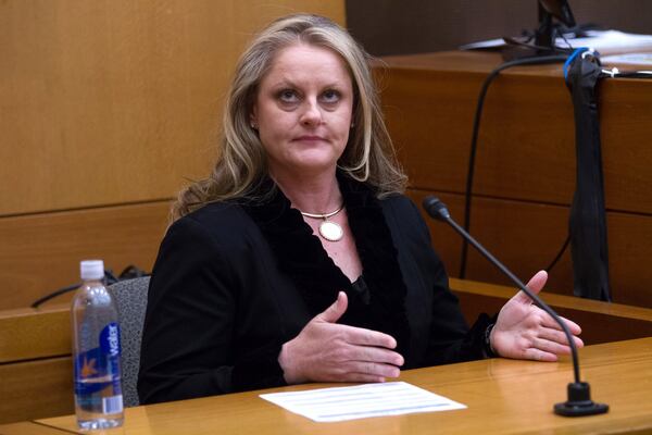 Wendy Eidson, funeral director for Phoenix Funeral Services who handled Diane McIver’s cremation, testifies during Day 9 of the Tex McIver murder trial at the Fulton County Courthouse on Friday, March 23, 2018. STEVE SCHAEFER / SPECIAL TO THE AJC