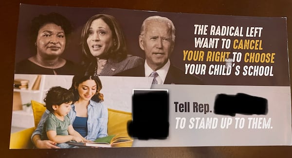 A picture of the mailer targeting Republican lawmakers that the American Federation for Children sent to voters in several legislative districts.