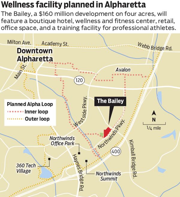 The Bailey, a $160 million development on four acres, will feature a boutique hotel, wellness and fitness center, retail, office space and a training facility for professional athletes.