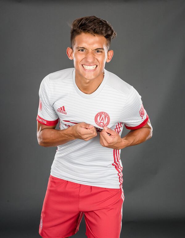 Yamil Asad models Atlanta United’s secondary jersey.