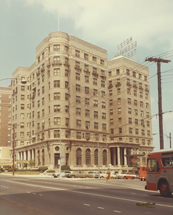 The Georgian Terrace Hotel, seen circa 1965, sits at the corner of Peachtree Street and Ponce de Leon Avenue. Courtesy of Kenan Research Center at the Atlanta History Center