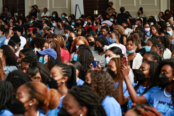 Spelman College students and faculty gather at Sisters Chapel for a conversation about social justice with singers Alicia Keys and Brandi Carlile on Friday, September 23, 2022. (Natrice Miller/natrice.miller@ajc.com)