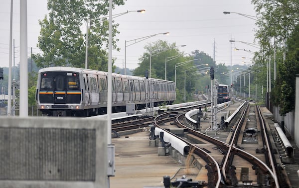 MARTA trains are staged at the end of the gold line at the Doraville station. A proposal from some metro Atlanta mayors would create an east-est line connecting the station to SunTrust Park. BOB ANDRES /BANDRES@AJC.COM AJC FILE PHOTO