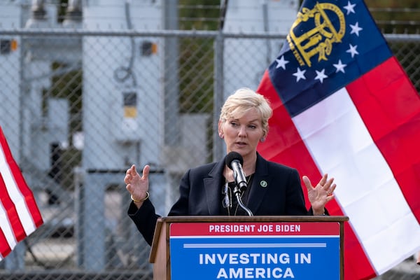 Jennifer Granholm, U.S. energy secretary under then-President Joe Biden, speaks in front of an electric substation in Locust Grove on Wednesday, Oct. 18, 2023.   (Ben Gray / Ben@BenGray.com)