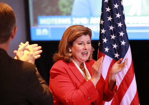 Republican incumbent Karen Handel at her election watch party early Wednesday. Curtis Compton/ccompton@ajc.com