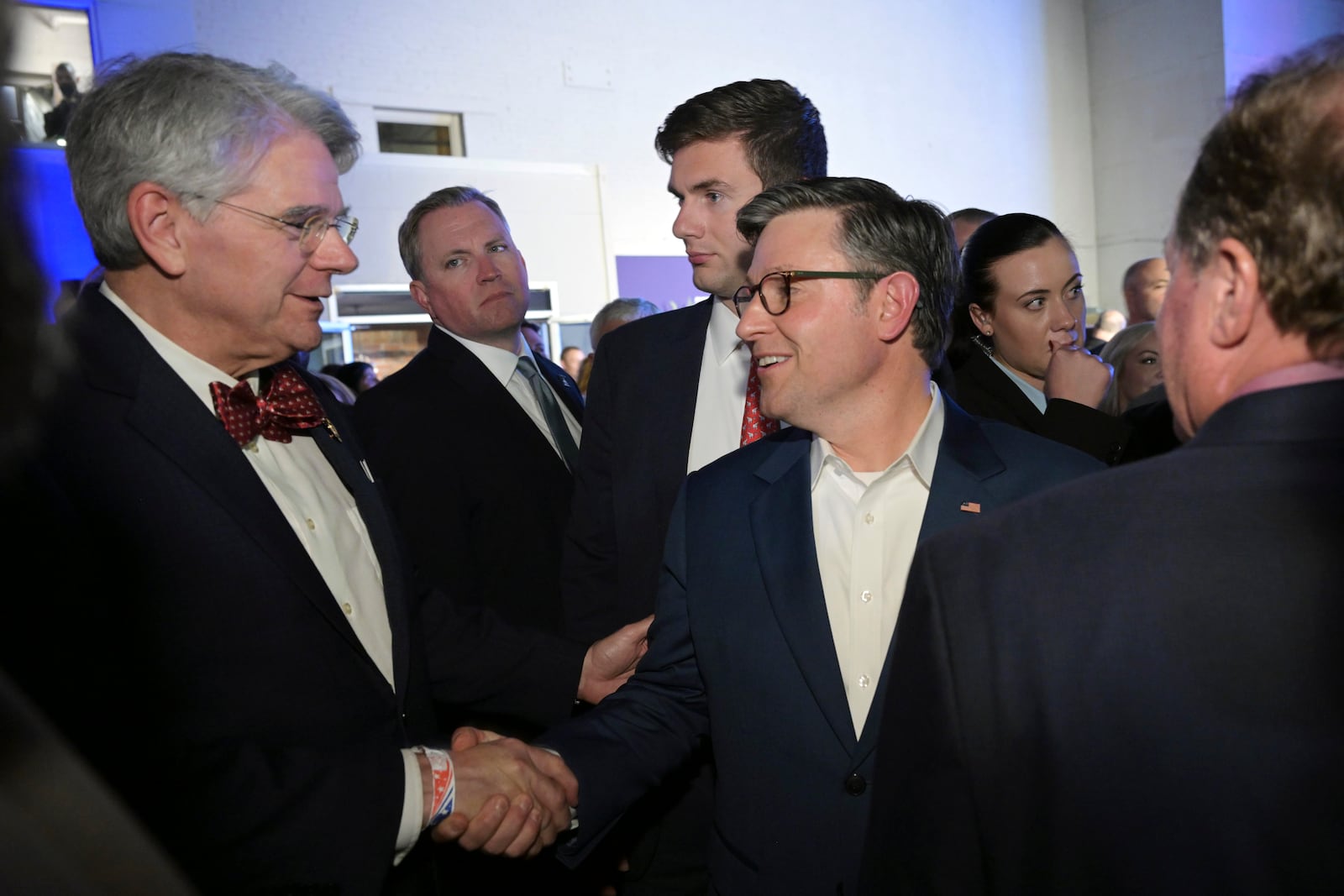 House Speaker Mike Johnson, R-La., greets Louisiana Associate Justice Jay B. McCallum during an election night watch party Tuesday, Nov. 5, 2024, in Shreveport, La. (AP Photo/Matthew Hinton)