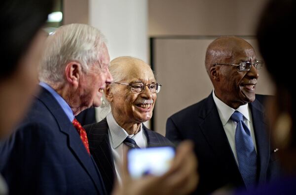 Judge Horace Ward (center), the first African American ever to serve on the federal bench in Georgia, stands with former President Jimmy Carter and Judge Nathaniel Jones after an award ceremony recognizing President Carter on June 14, 2012, in Atlanta. Retired U.S. District Judge Horace Ward, a civil rights lawyer, died over the weekend of April 23-24, 2016, at age 88. Ward challenged segregationist practices at the University of Georgia in the early 1950s. David Goldman/AP 2012