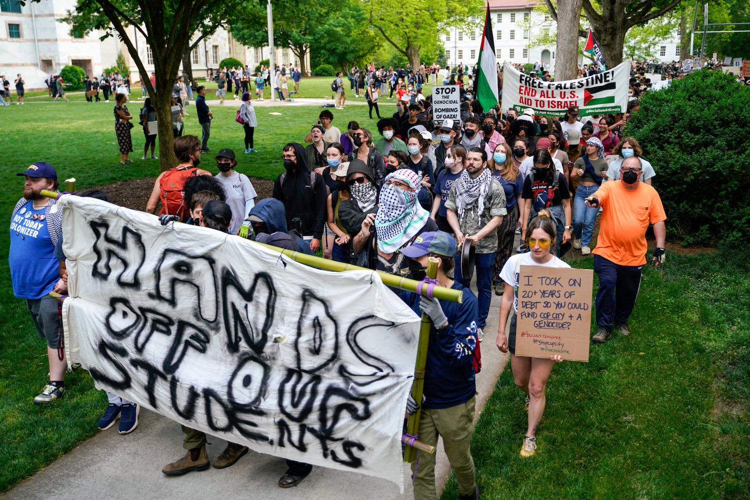 Protesters gathered for a second day of pro-Palestine demonstrations on the Emory University quad.