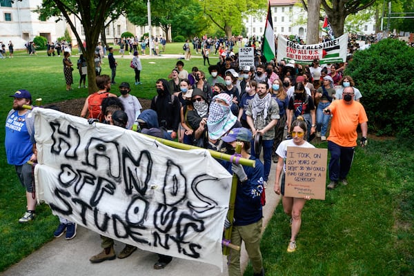 Protesters gathered for a second day of pro-Palestinian demonstrations on the Emory University quad. Friday, April 26, 2024 (Ben Hendren for The Atlanta Journal-Constitution)