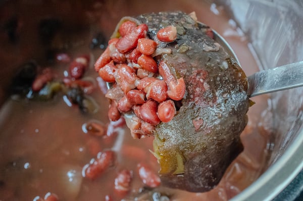 A piece of dried kelp makes for a meaty tasting, meat-free pot of Kombu Beans. (Virginia Willis for The Atlanta Journal-Constitution)